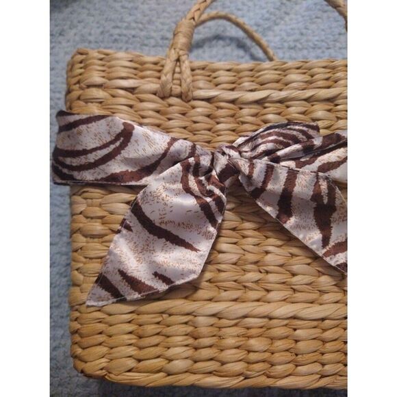 Straw bow print Zebra Straw Basket handbag Boho Beachy Vintage - Picture 4 of 8